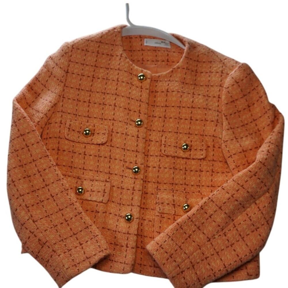 Chic MNG Orange Plaid Tweed Jacket with Gold Buttons - Size S